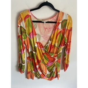 Cabi Womens XL Floral Ruched Faux Wrap Top Multicolor Long Sleeve V-Neck 579